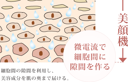 微電流で細胞間に隙間を作る事により、美容成分を肌の奥まで届ける事ができます。