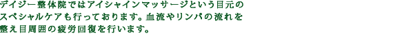 デイジー整体院ではアイシャインマッサージという目元のスペシャルケアも行っております。血流やリンパの流れを整え目周囲の疲労回復を行います。