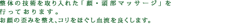 整体の技術を取り入れた「顔・頭部マッサージ」を行っております。お顔の歪みを整え、コリをほぐし血流を良くします。